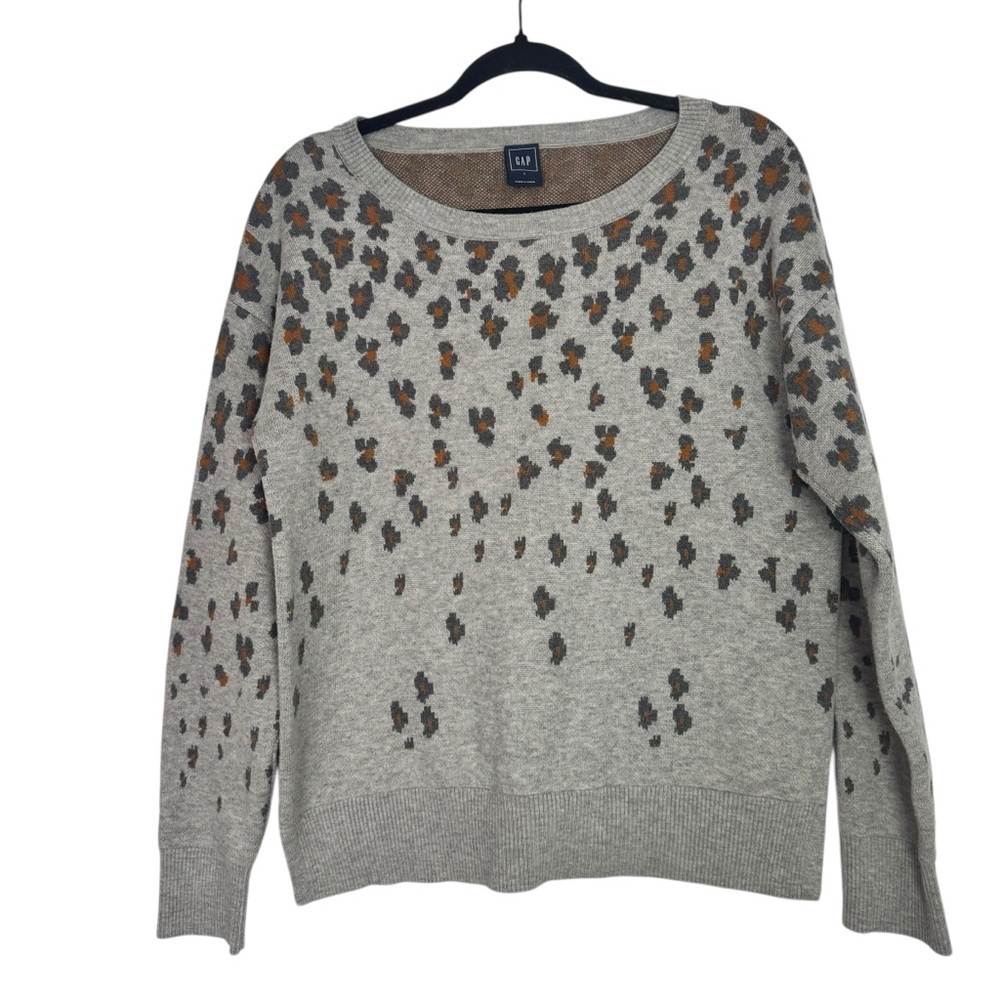 GAP Women’s Gray and Brown Merino Wool Blend Leopard Patterned Large Sweater